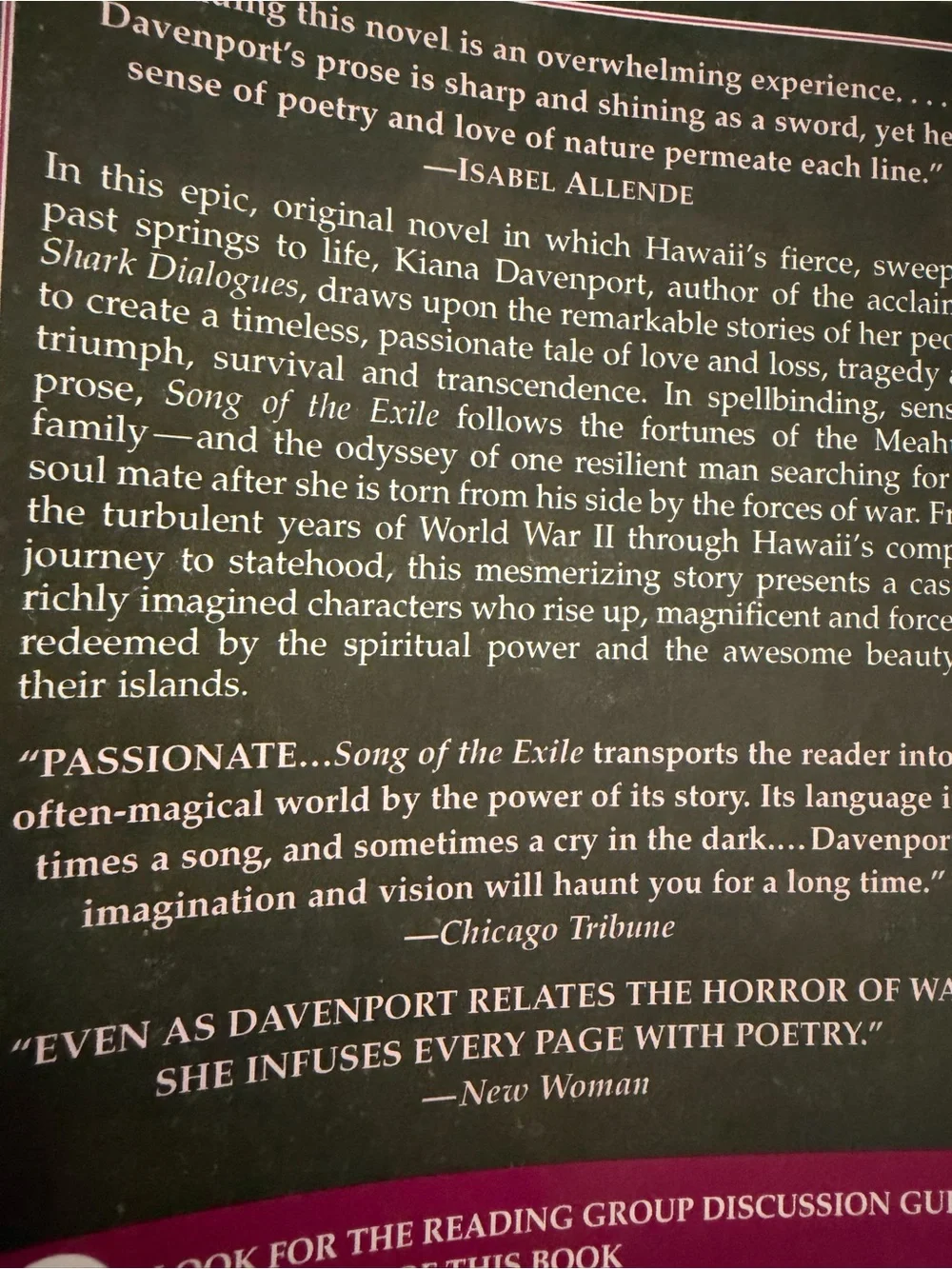 Book Song of the Exile Novel Softcover by Kiana Davenport Hawaii War Statehood